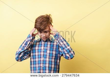 Stress, Headache, Emotional Breakdown, Mind Overload, Frightened Displeased Boy Clutching Head Over 
