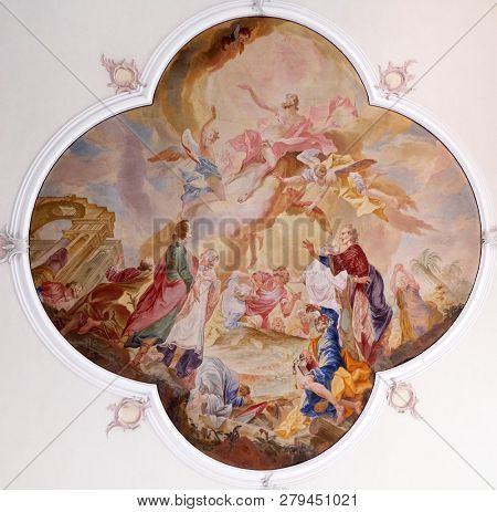 AALEN, GERMANY - JULY 12, 2018: Ascension of Christ, fresco in the Saint Nicholas Evangelical church, Aalen, Germany