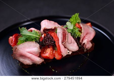 Healthy Snack, Salmon Toast For Breakfast Or Lunch With Rye Bread, Roast Beef And Fresh Vegetable Sa