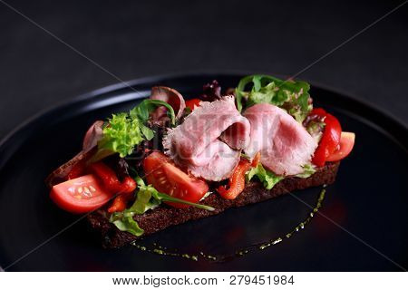 Traditional Danish Open Sandwich Smorrebrod With Roast Beef And Fresh Vegetable Salad, Healthy And D