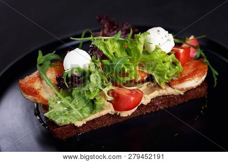 Traditional Danish Open Sandwich Smorrebrod With Salmon. Toast For Breakfast Or Lunch With Rye Bread