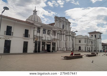 Popayan, Colombia - September 10, 2015: People In Front Of Cathedral On Parque Caldas In Colonial Ci
