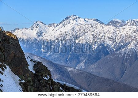 Beautiful Mountain Scenic Winter Landscape Of Main Caucasus Mountains Ridge With Snowy Chugush Mount