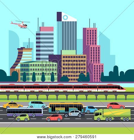 City Street Panorama. Street With Cars And Urban Transport Houses. Urban Cityscape Skyscrapers And T
