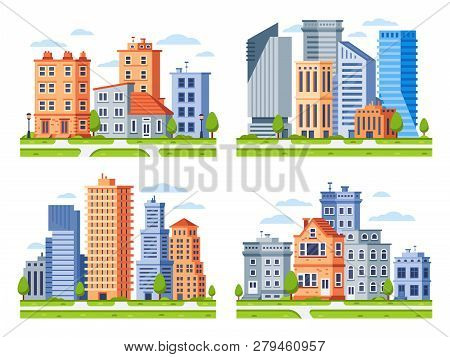 Real Estate Buildings. City Houses Cityscape, Town Apartment House Building And Urban Residential Di