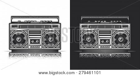 Boombox. Retro Portable Stereo Radio Cassette Player. Monochrome Vector Illustration, On White And D