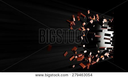 A Large Black Ball Smashed A Brick Wall. Visible Light From The Hole. 3d Illustration. The Concept O