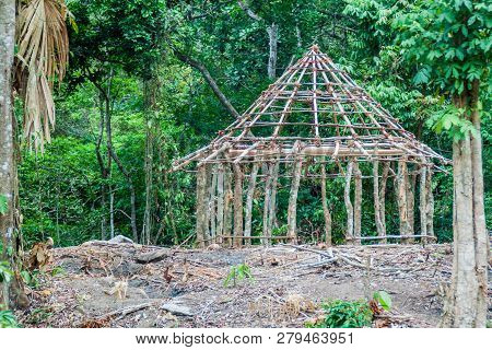 Traditional Rustic House Of Indigenous Kogi People Is Under Construction In Tayrona National Park, C