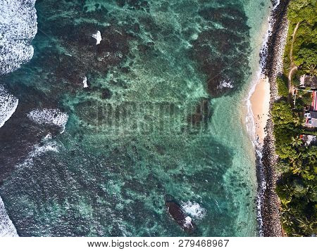 Aerial View. View Of The Waves In The Indian Ocean. Wild Beach In Midigama. Indian Ocean. Sri-lanka.