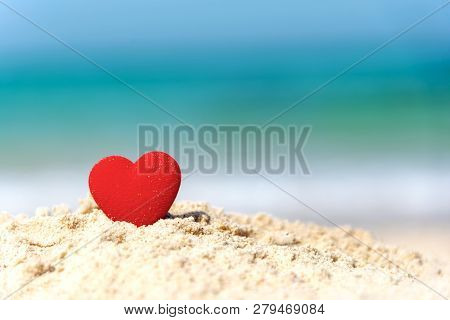 Valentine And Marry Concept. Sigle Red Hearts Couple Lovers For Married On The Sand Summer Beach, Bl