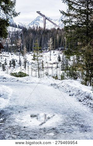 Springboard For Ski Jumping, Strbske Pleso, High Tatras, Slovak Republic. Winter Mountains. Seasonal