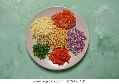 Arabic Food: Bulgur Wheat, Vegetable And Chickpea Pilaf. Set Of Ingredients.