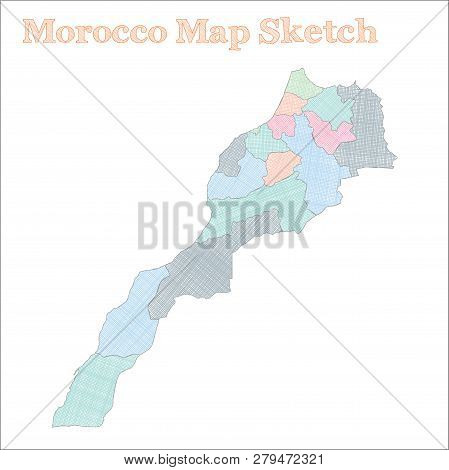 Morocco Map. Hand-drawn Country. Radiant Sketchy Morocco Map With Regions. Vector Illustration.
