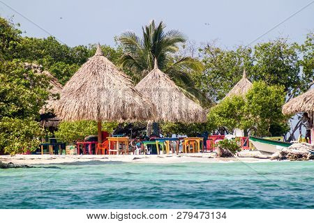San Bernardo, Colombia - August 31, 2015: Beach Huts At Mucura Island Of San Bernardo Archipelago, C