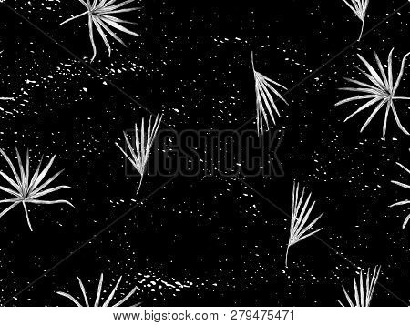 Black White Exotic Pattern. Monstera And Hibiscus Flowers Tropical Bouquet.  Saturated Large Floral 