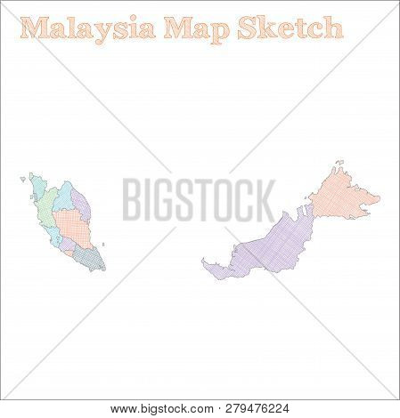 Malaysia Map. Hand-drawn Country. Surprising Sketchy Malaysia Map With Regions. Vector Illustration.
