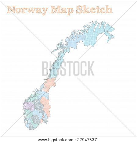 Norway Map. Hand-drawn Country. Unique Sketchy Norway Map With Regions. Vector Illustration.
