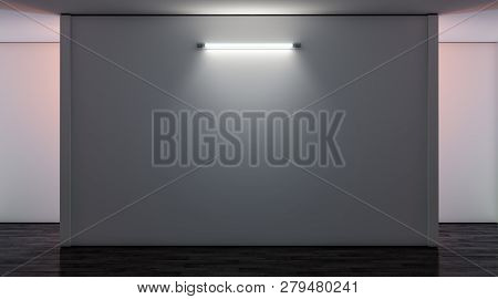 Blank White Gallery Wall With Lamp In Darkness Mockup, Front View, 3d Rendering. Empty Museum Canvas