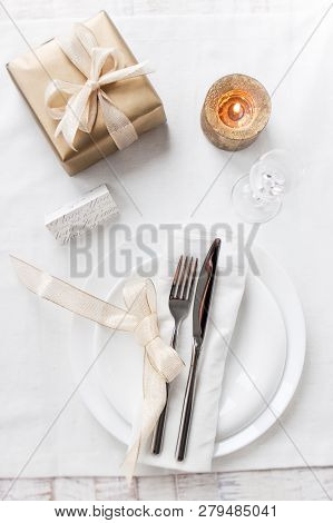 Beautifully Elegant Decorated Table For Holiday - Wedding Or Valentine Day With Modern Cutlery, Bow,