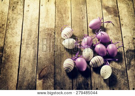 Beautiful Colorful Pastel Color Eggs On Wooden Background. Easter Or Spring Concept. Horizontal With