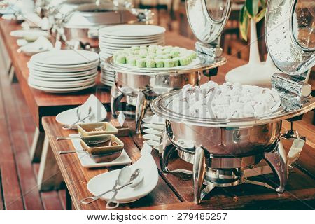 Selective Focus Point On Catering Buffet In Hotel Restaurant - Vintage Filter Effect