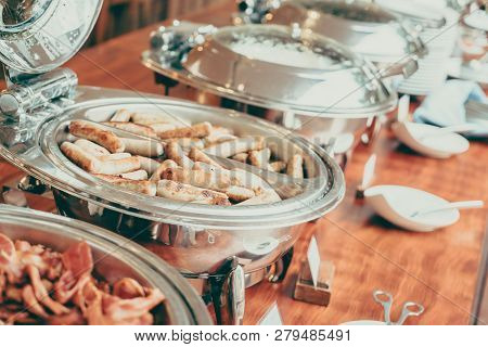Selective Focus Point On Catering Buffet In Hotel Restaurant - Vintage Filter Effect