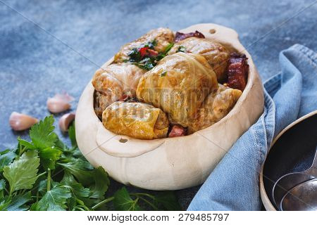 Cabbage Rolls Stuffed With Meat And Rice In Pot, Ready To Eat. Selective Focus, Blank Space