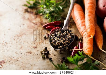 Tasty Appetizing Food Ingredients Spices Old Metal Spoon On Yellow Background Side Composition Copy 