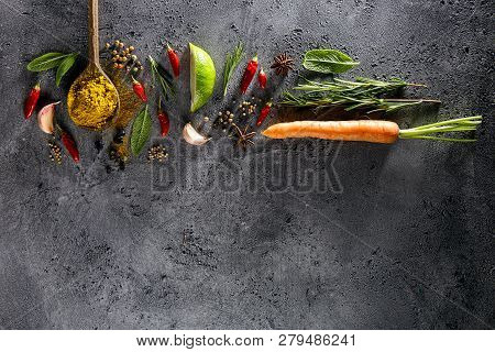 Tasty Appetizing Indian Asian Food Ingredients Spices Flat Lay Wooden Spoon On Grey Background Top V