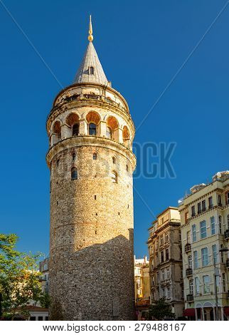 Galata Tower In Summer, Istanbul, Turkey. Ancient Tower In The Galata District Of Istanbul. Beautifu