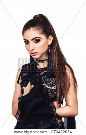 Graceful Young Girl Bellydancer With Oriental Make-up Posing In A Costume Of Raqs Sharqi. Isolated O