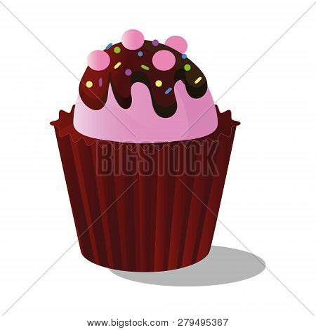 Vector Drawing Colorful Cupcake Of A Decorated With Decor, Cream And Chocolate, On White Background