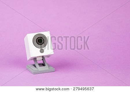 White Webcam On A Lilac Background, Object, Internet, Technology Concept.