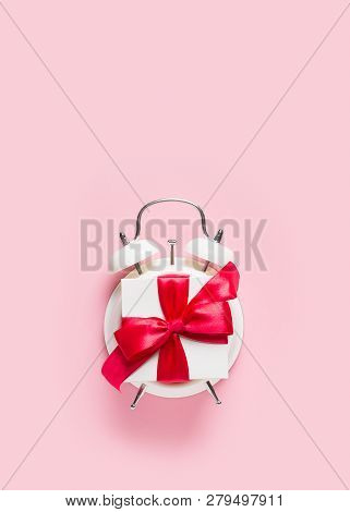 Valentines Day Concept Pastel Minimalis, Time To Gift On Pink Background, Top View, Copy Space