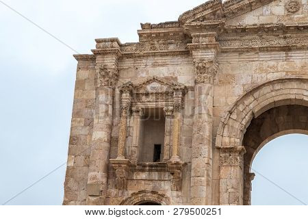 Jerash, Jordan, December 08, 2018 : Fragment Of Hadrians Gate In The Ruins Of The Great Roman City O