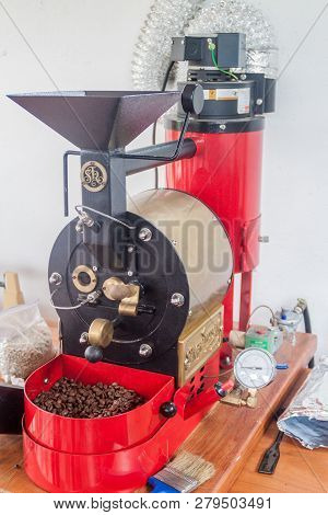 Manizales, Colombia - September 6, 2105: Coffee Roasting Machine At Hacinda Venecia Coffee Farm Hote