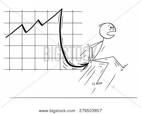 Cartoon Stick Man Drawing Conceptual Illustration Of Businessman Stabbed In Bottom By Falling Financ