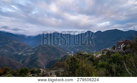 Nature Landscape Background Of Mountain View With Red And Green Leafs From Cingjing Farm, Nantou, Ta