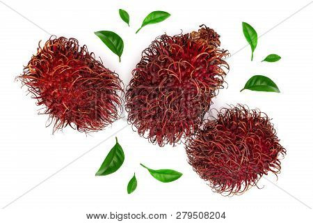Rambutan Isolated On White Background. Tropical Fruit. Nephelium Lappaceum. Top View. Flat Lay