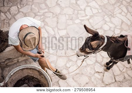 Farmer In A Village Or Small Town With Donkey
