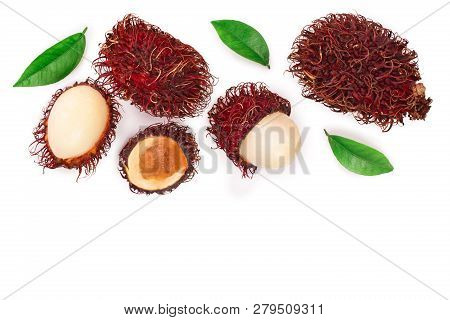 Rambutan With Leaves Isolated On White Background With Copy Space For Your Text. Tropical Fruit. Nep