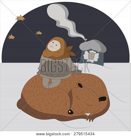 Winter Tale. Cute Christmas Card In Vector. Bright Festive Background With Little Sweet Angel. Angel