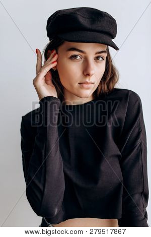 Beautiful Girl In A Black Cap, Black Golf, Blue Jeans! Natural Light, Smart Casua, Street Casual