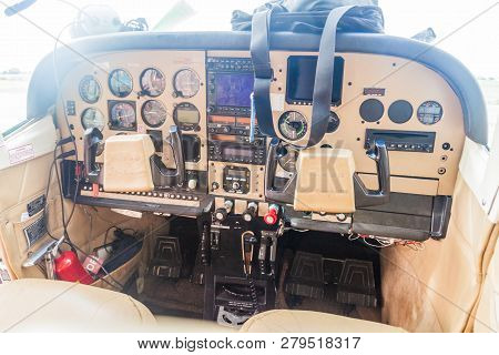 Ciudad Bolivar, Venezuela - August 16, 2015: Cockpit Of A Small Cessna 210 Centurion Airplane At The