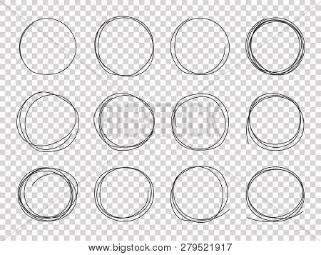Sketch Circles. Hand Drawn Circled Frames. Circular Scribble Doodle Black Pencil Stroke Vector Isola