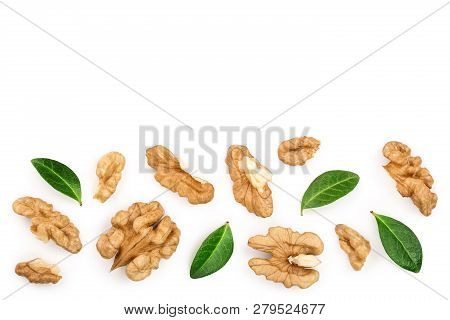 Peelled Walnuts With Leaves Isolated On White Background With Copy Space For Your Text. Top View. Fl