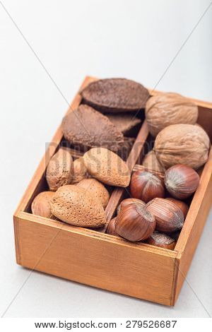 Different Kinds Of Nuts In The Shell: Hazelnut, Walnut, Almond And Brazil Nuts In The Wooden Box Wit