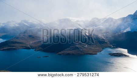 Mountain landscape nature aerial drone image showing amazing greenland landscape near Nuuk of Nuup Kangerlua fjord seen from Ukkusissat mountain