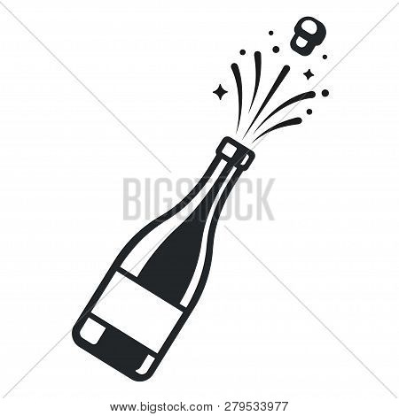 Champagne Bottle Pop Open With Cork And Sparkles. Elegant Black And White Logo Or Icon Vector Illust