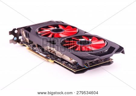 Gaming Graphics Card Close-up. Video Card On White Background